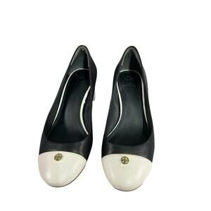 TORY BURCH REVA LEATHER TIFFY CAP TOE WEDGE PUMP SHOES Sz.6 Black White